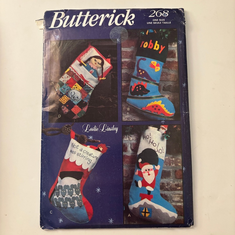 VTG 90s Butterick 268 Leslie Linsley Santa Mouse Dinosaur Stocking Pattern UNCUT